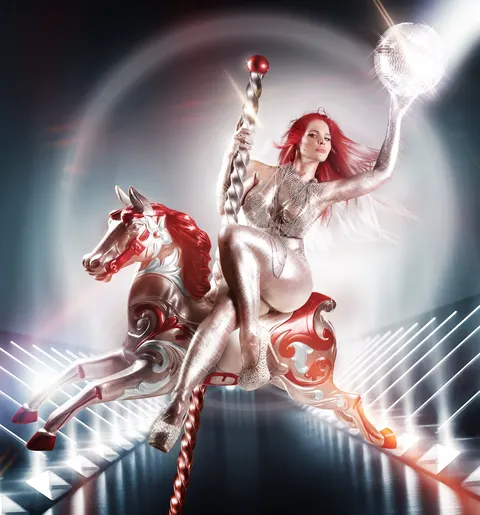 Red-haired client on carnival ride horse with dramatic red and white aesthetic