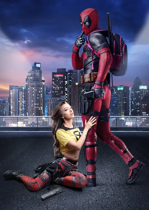 Pokémon trainer cosplay: client in pink outfit with character in contemporary style pose