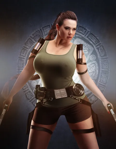 Client as Lara Croft style adventurer in beige tank and tactical gear with Mayan aesthetics