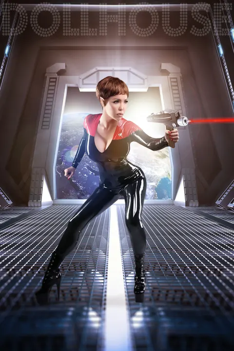 Red-haired client in sleek sci-fi military suit on futuristic spaceship corridor set