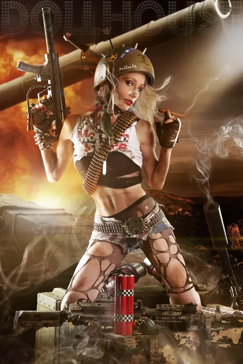 Blonde client in steampunk military outfit with gun and brass helmet on smoke-filled set