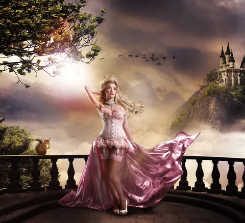 Client in rose pink gown on misty castle balcony with fantasy landscape background