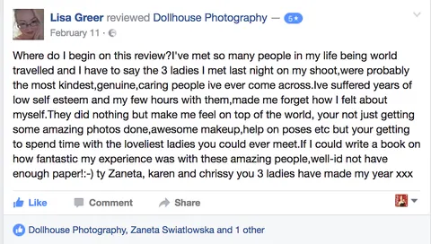 Facebook review from satisfied Dollhouse Photography client praising the team's professionalism and expertise