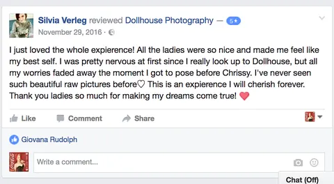 Client testimonial highlighting the welcoming experience and professional service at Dollhouse Photography