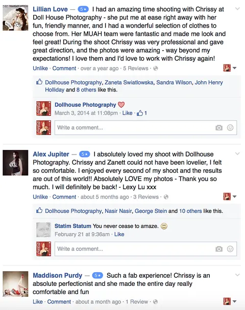 Multiple five-star Facebook reviews from Dollhouse clients praising photographer Chrissy and the team