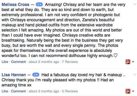 Client review praising Dollhouse Photography's creative direction, styling and professional service