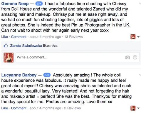 Client review highlighting professional pin-up photography experience and excellent results