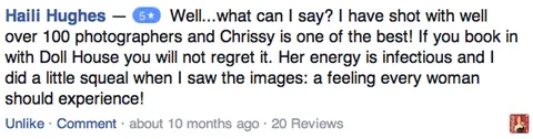 Client feedback praising Dollhouse Photography's team energy and talent