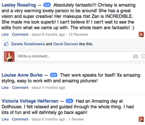 Client testimonial mentioning 100+ previous photographers and recommending Dollhouse Photography