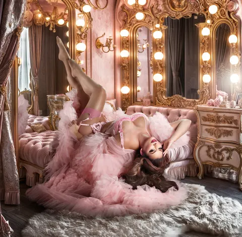 Woman in pink tulle on bed by vanity mirror with Hollywood lights